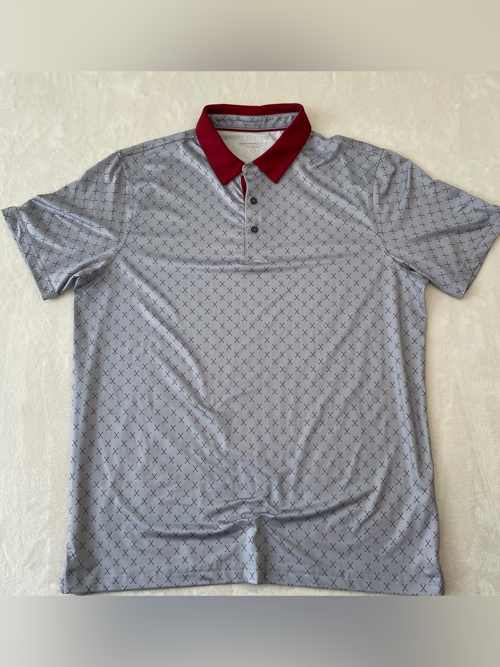 MAELREG Performance Polo Shirt Mens Sz L Gray Red Golf Casual Stretch Patterned